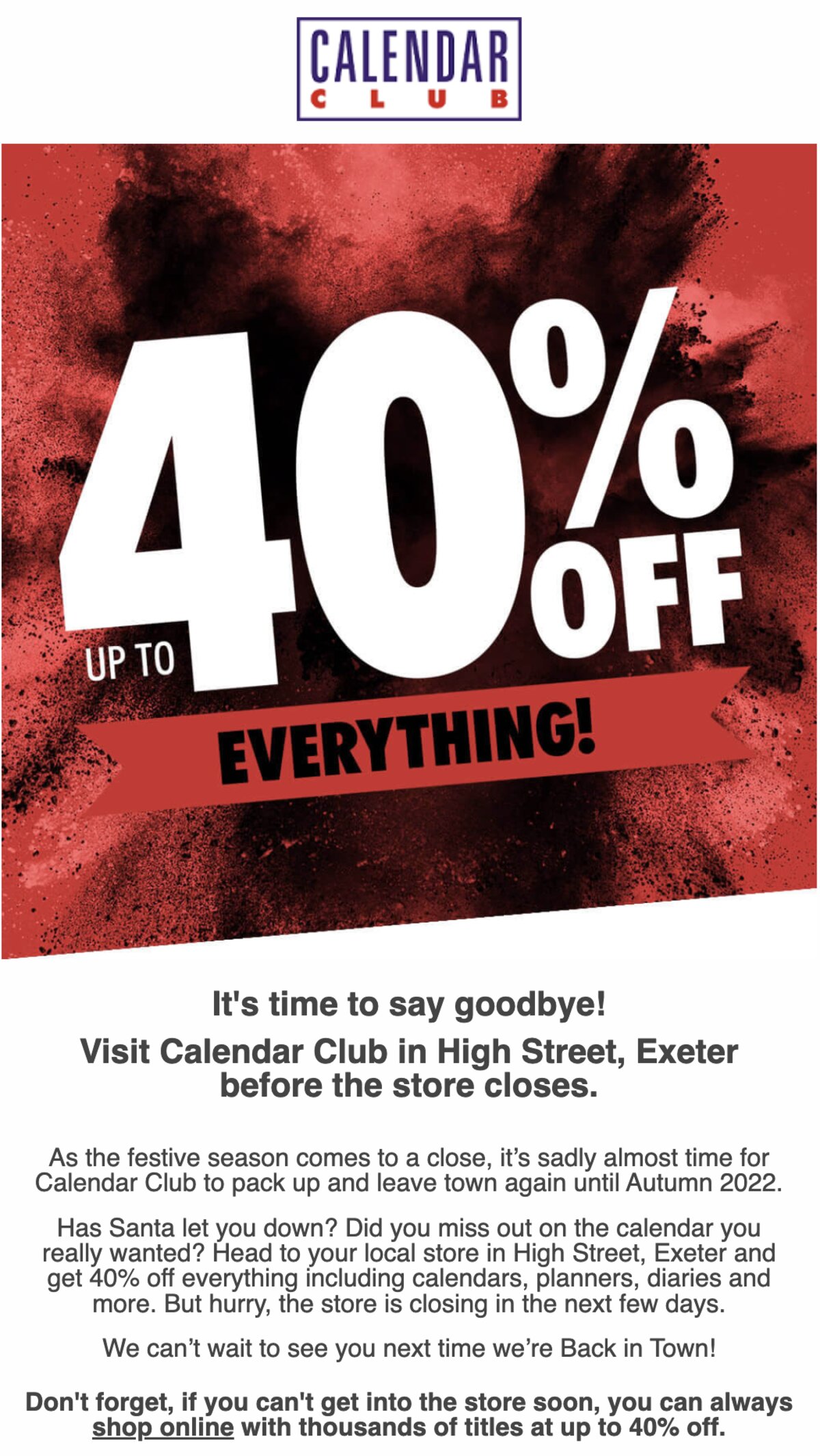 Calendar Club Store Closing Soon email hero graphic