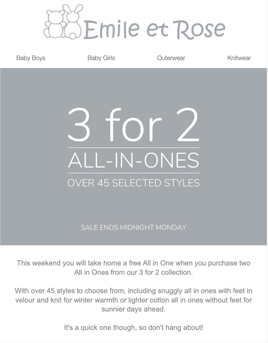 Emile et Rose 3-for-2 all-in-ones promotional email