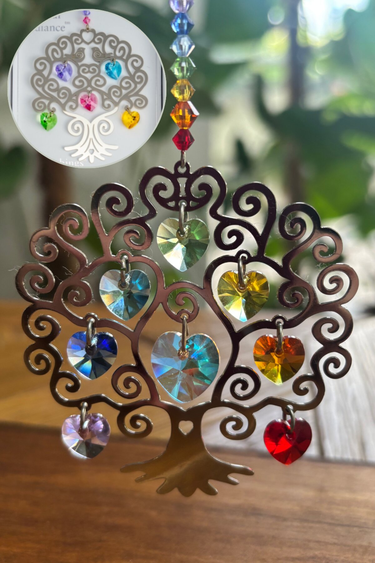 The bestselling Pure Radiance Tree of Life suncatcher, with the Crystal Radiance Tree of Life suncatcher inset for comparison